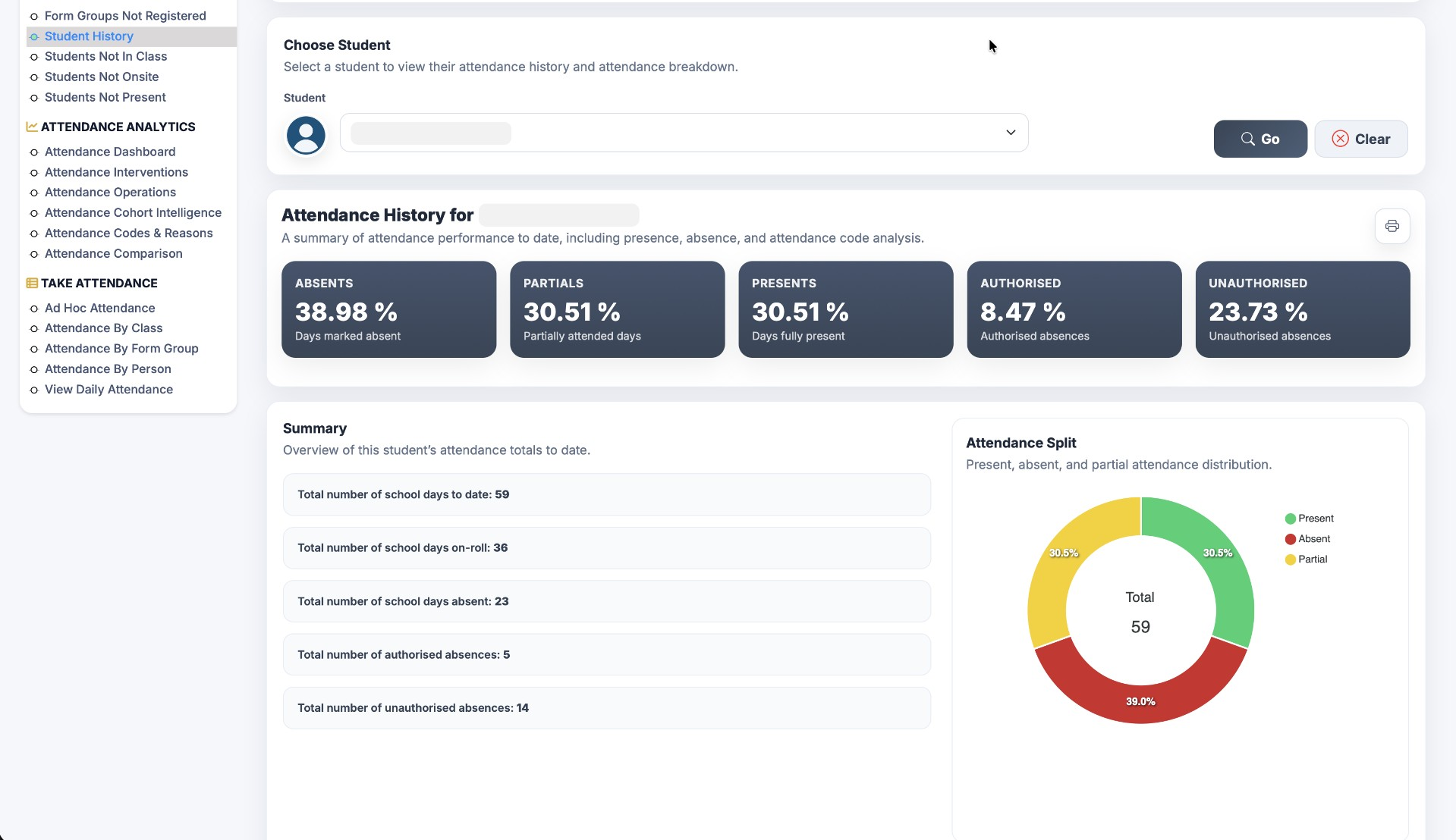 Attendance dashboard in EduVantage