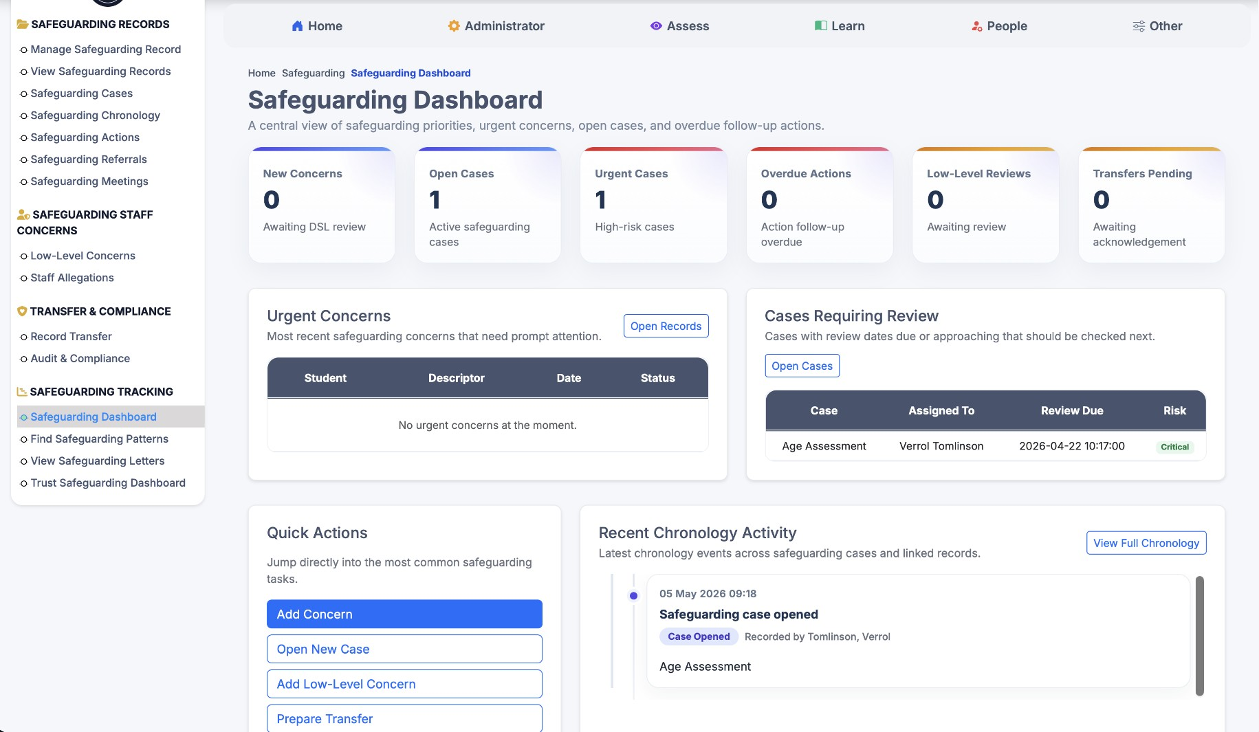 Safeguarding dashboard in EduVantage